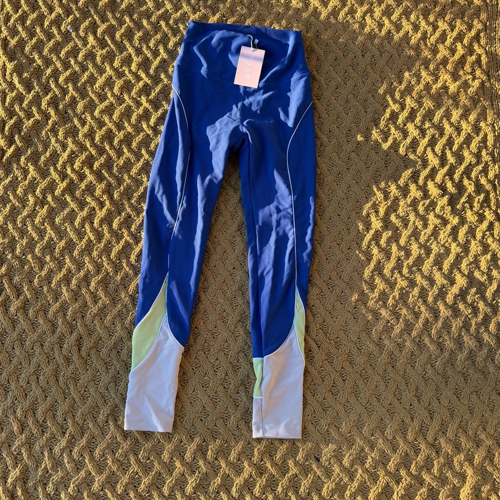 NEW WILO Label Ribbed Racer Panel Leg Leggings Cobalt Lime Yellow NWT Size XS